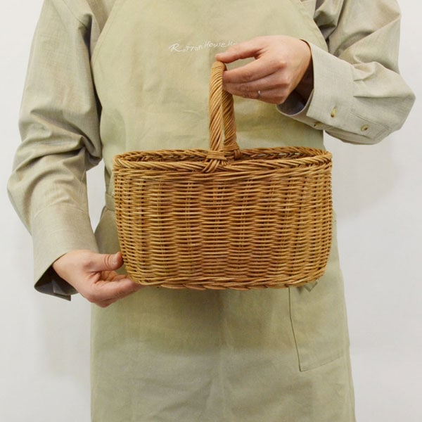 ラタン製かごバッグ ピクニックバスケット楕円 深型 巻縁 籠