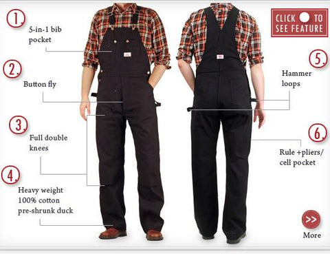 Round House Bib Overalls #383 Heavy Duty Black Duck Double Knee