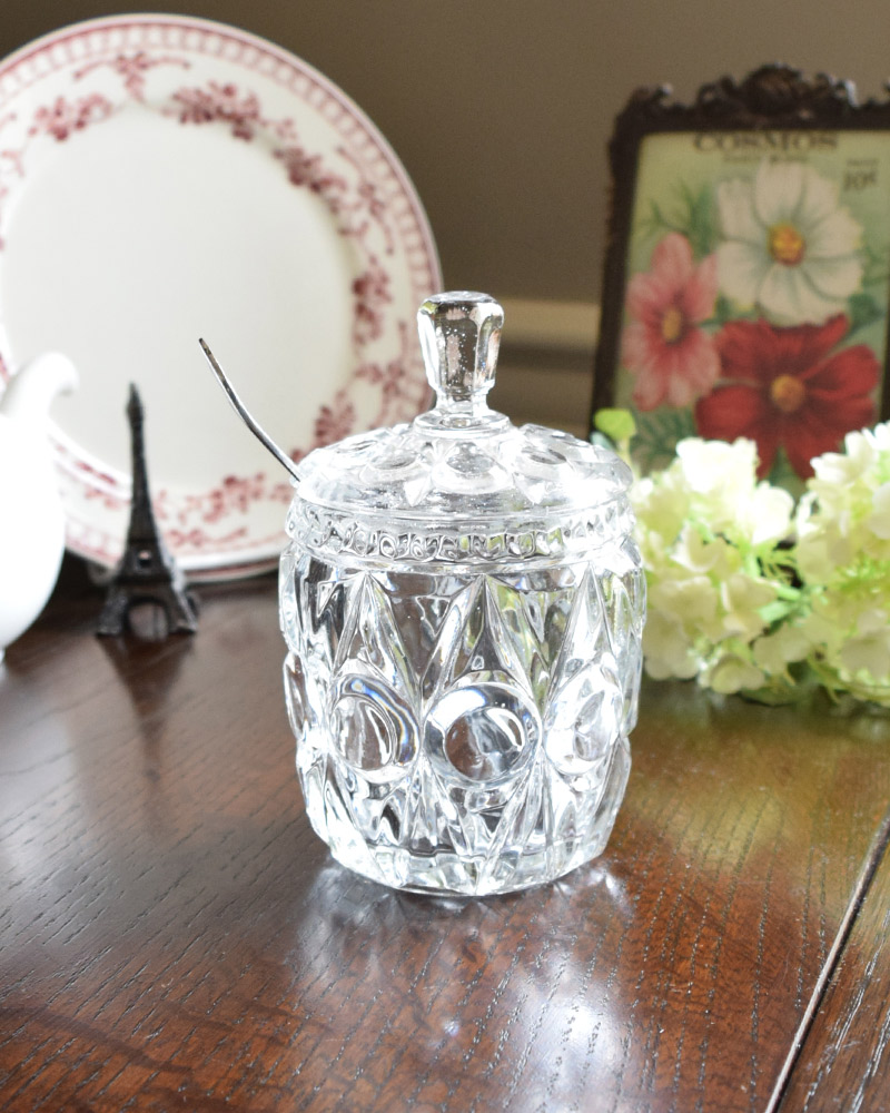 アンティークガラスのプレスドグラス、水玉模様のシュガーポット（砂糖