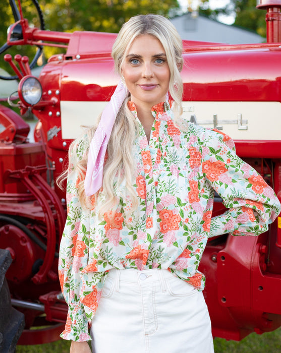 Prairie Popover Top - Orange Floral Chintz | Elegant Smocked