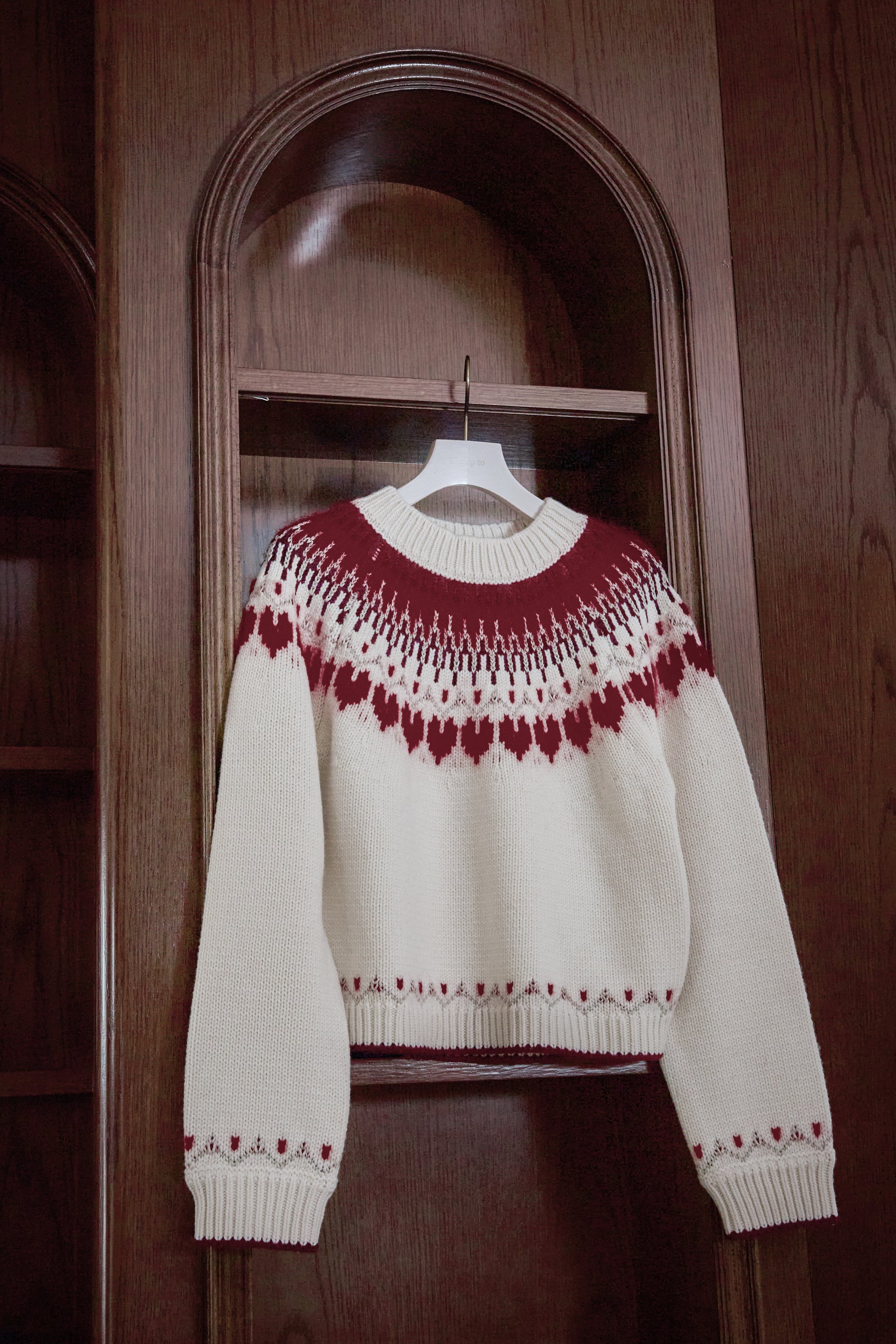 red】Heart Fair Isle Knit Pullover