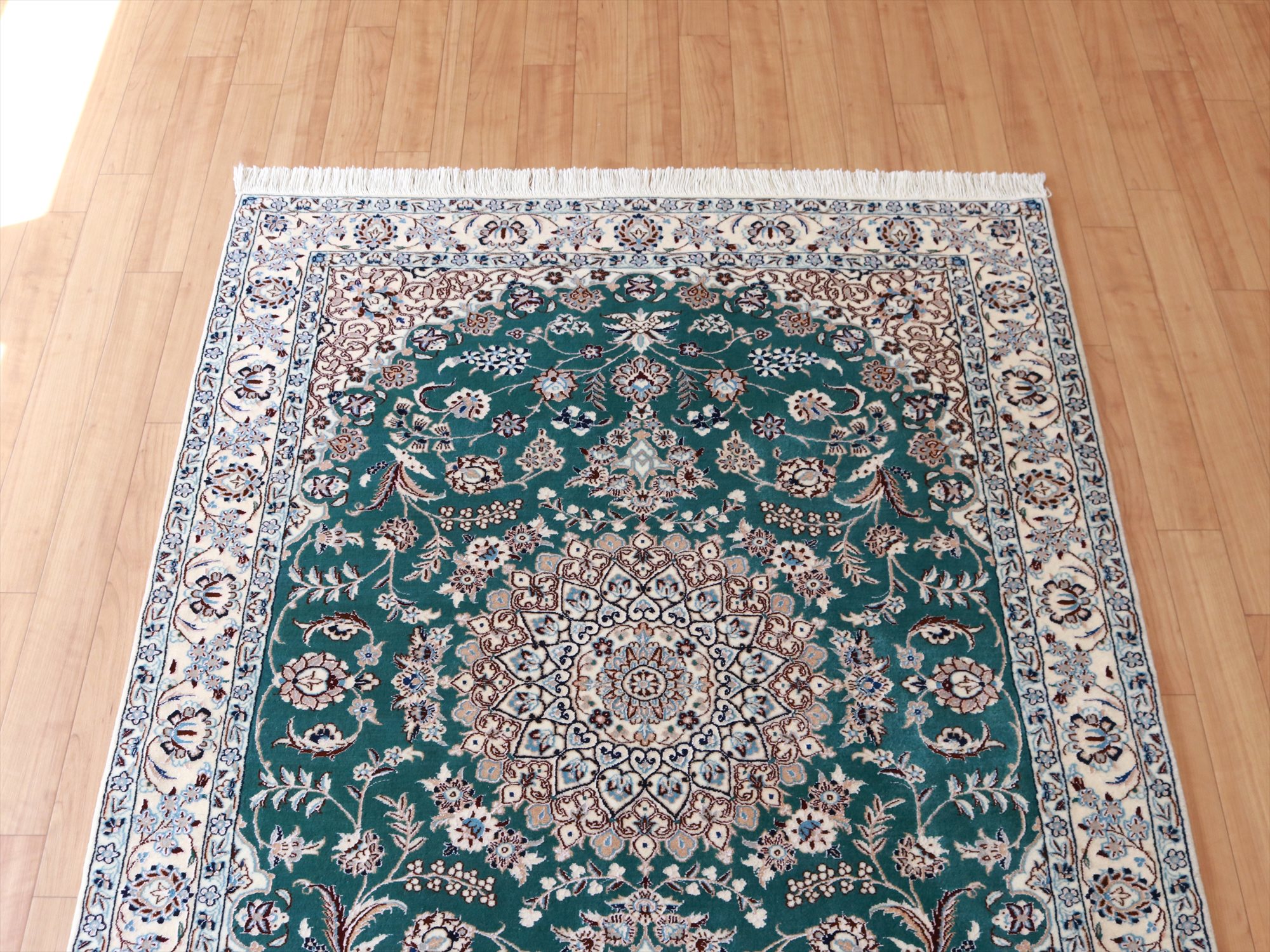 ペルシャ絨毯 ナイン産 6La 150×110cm グリーン/ベージュ 手織り