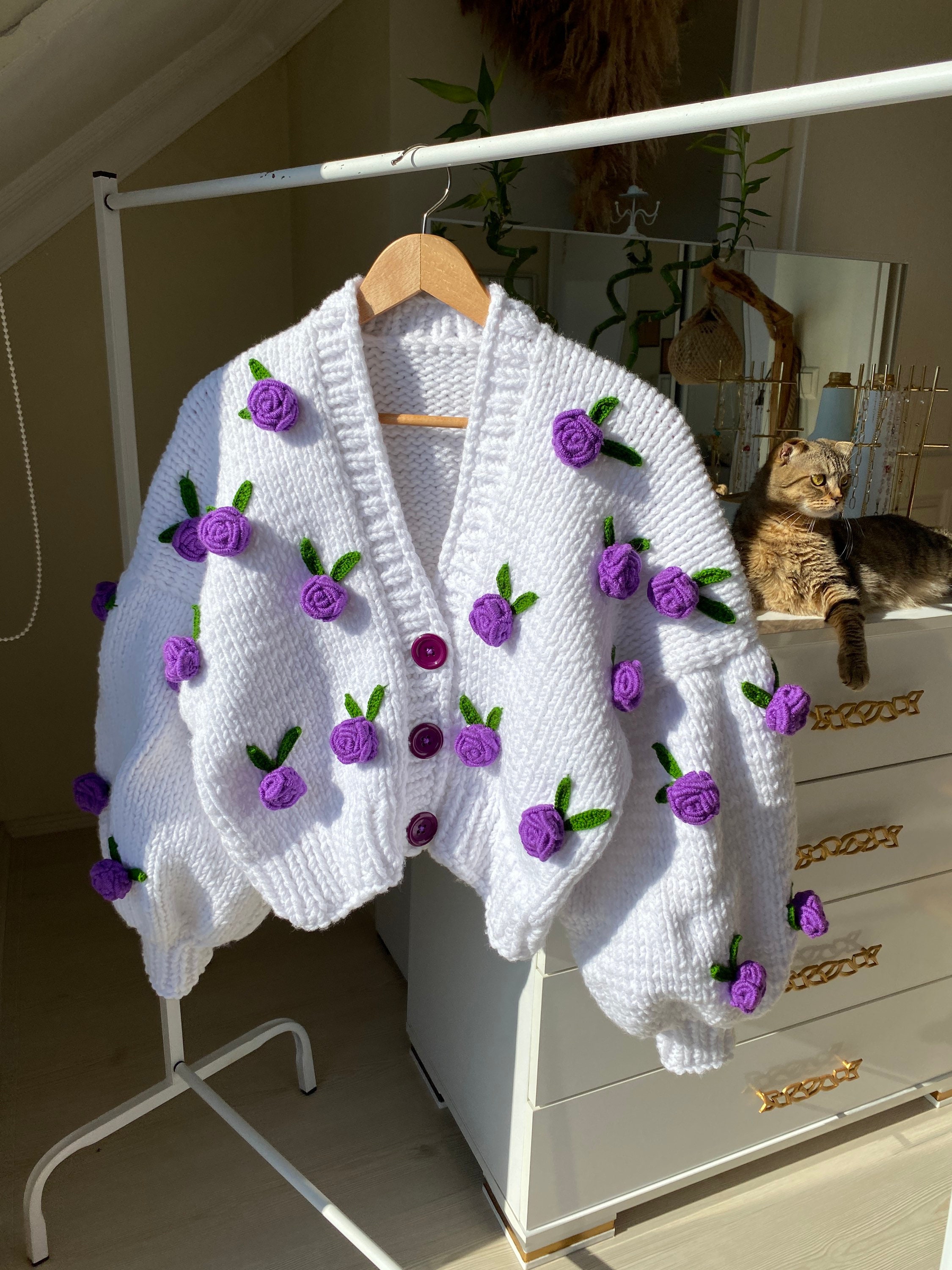 Leilayca Purple Roses Cardigan , Chunky Cropped Cardigan for Woman