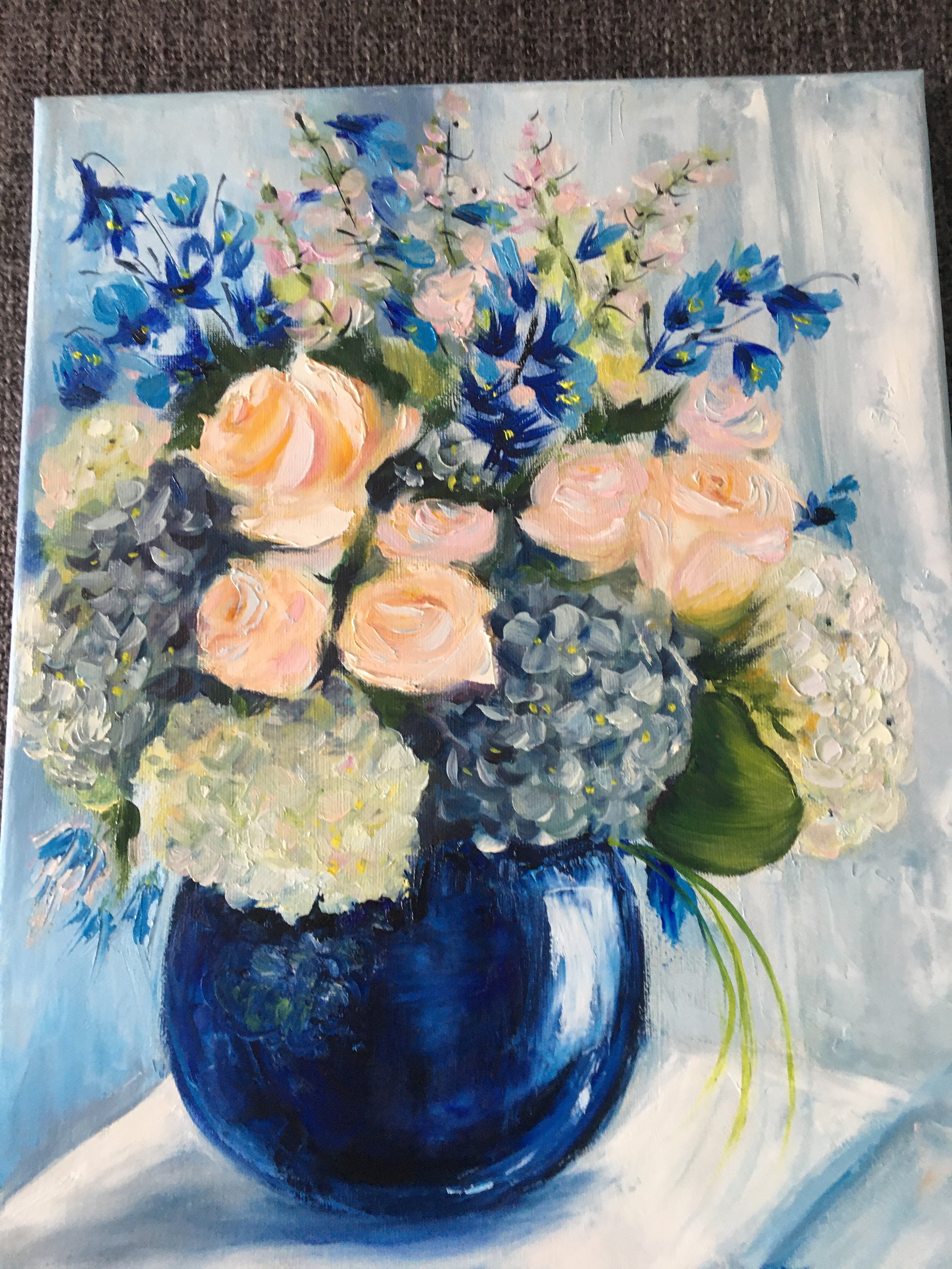 キャンバス油絵 phorn 美しいラズちゃんと青い花 メモリアル