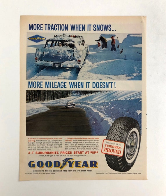 1960 Goodyear Tires Magazine Ad - Winter Snow Advertising Art - Etsy