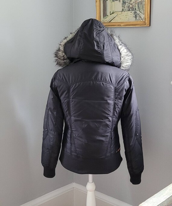 Vintage Y2K Black Down Bomber Jacket ~ 2000s Oversized Faux Fur