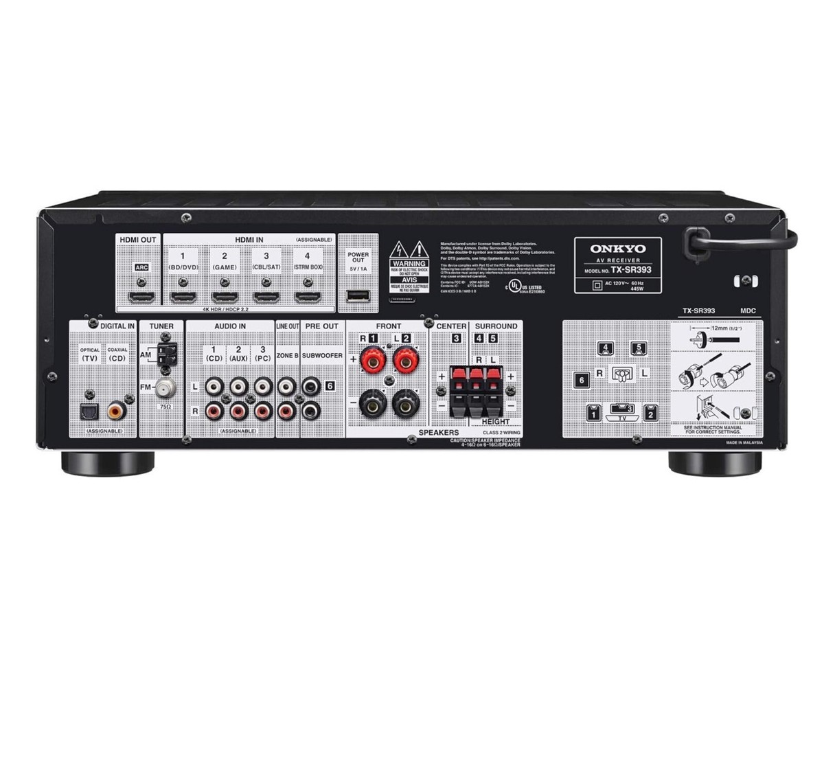 Onkyo TX-SR393 5.2ch A/V Receiver 80W/Ch Dolby Atmos DTS:X 4K HDR