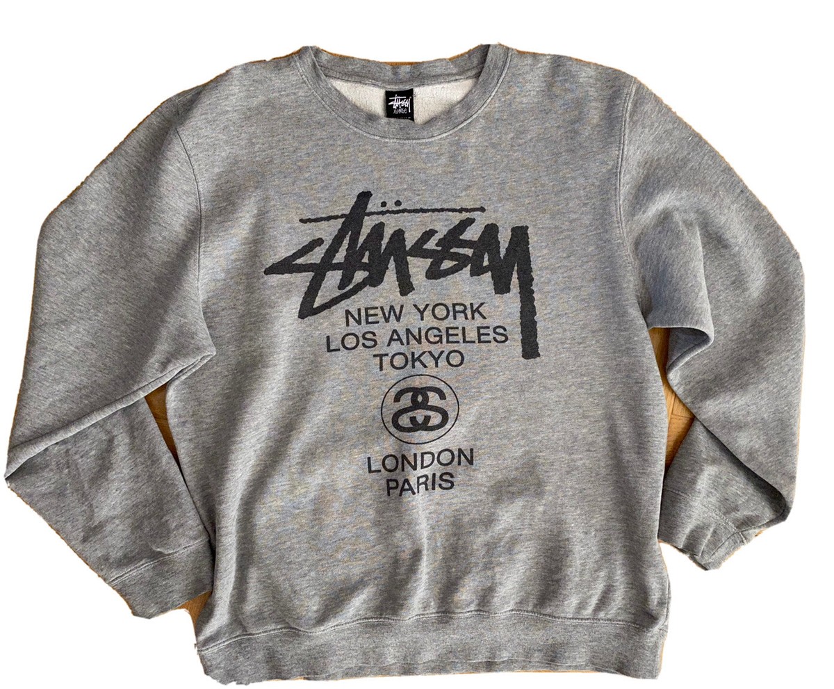 Rare 🔥Stussy Mens XL World Tour Crewneck Pullover Gray | eBay
