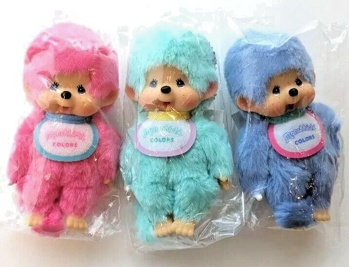 monchichi mascot keychain set of 3 colors Pink green blue size