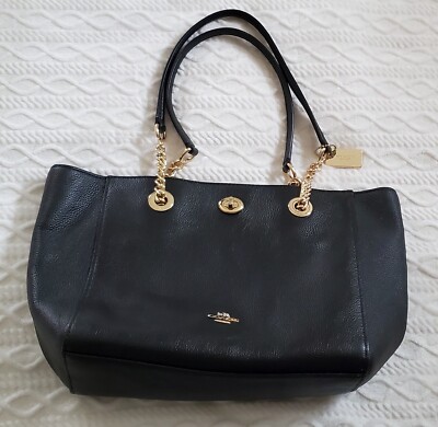 COACH 57107 Turnlock Chain Pebbled Leather Tote Shoulder Bag | eBay