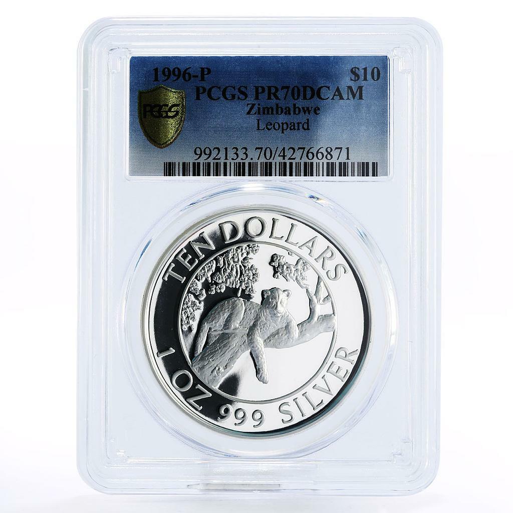 Zimbabwe 10 dollars Wildlife Landmarks Leopard PR70 PCGS proof