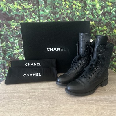 Auth. CHANEL CC Logo Quilted Black Leather Moto Biker Combat Boots