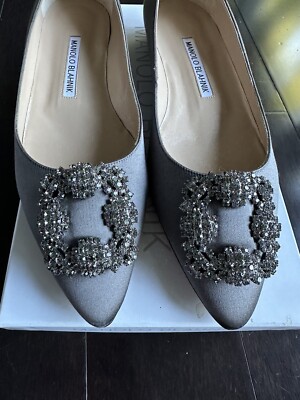 Manolo Blahnik Hangisi Flat 37.5 Silver Grey Satin New In Box | eBay