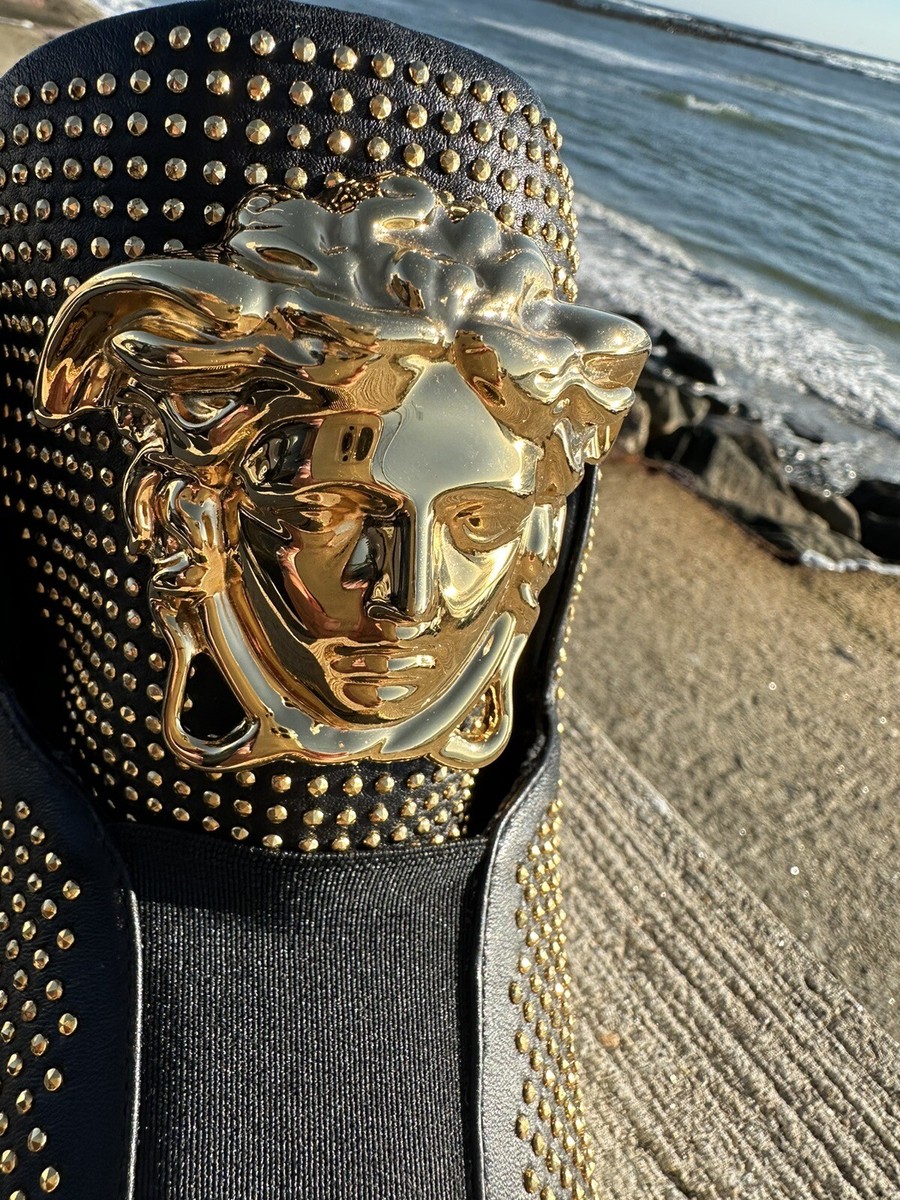 NEW 47 VERSACE sneaker black gold leather stud Medusa Palazzo Idol