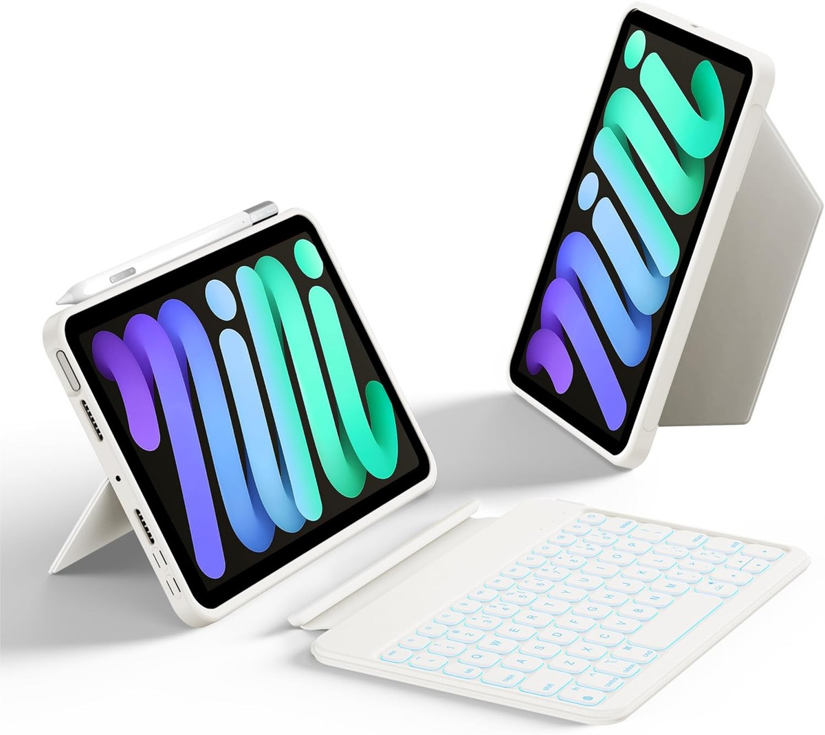 HOU Keyboard Case for iPad Mini 7/6, 156° Adjustable Stand, Ivory