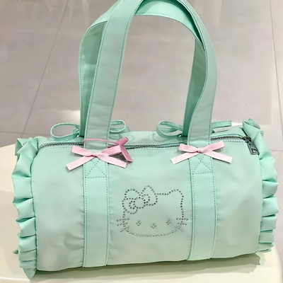 Hello Kitty Satin Frill Barrel Bag Large Mint Green Rhinestone