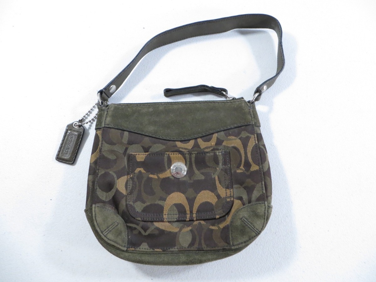 Coach Chelsea Dark Green Brown Optic Signature Suede Canvas Purse