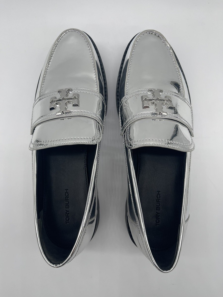 $398 RARE Tory Burch Mirror Metallic Silver Leather Lug Sole