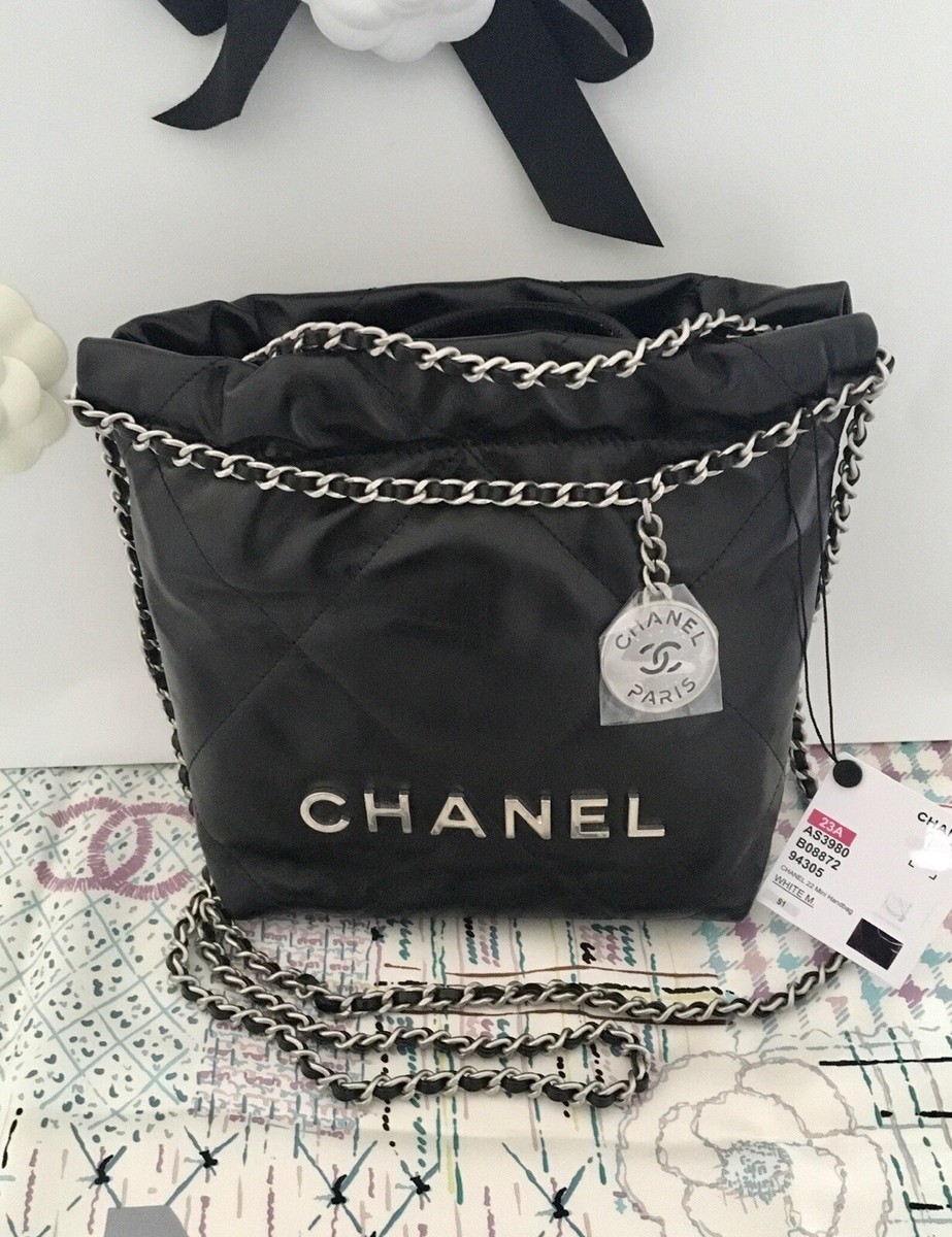 NWT Chanel 22 Mini Black Shiny Crumpled Calfskin Silver Hardware