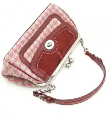Coach Vintage Pink/Maroon Tweed Kiss Lock Shoulder Bag With