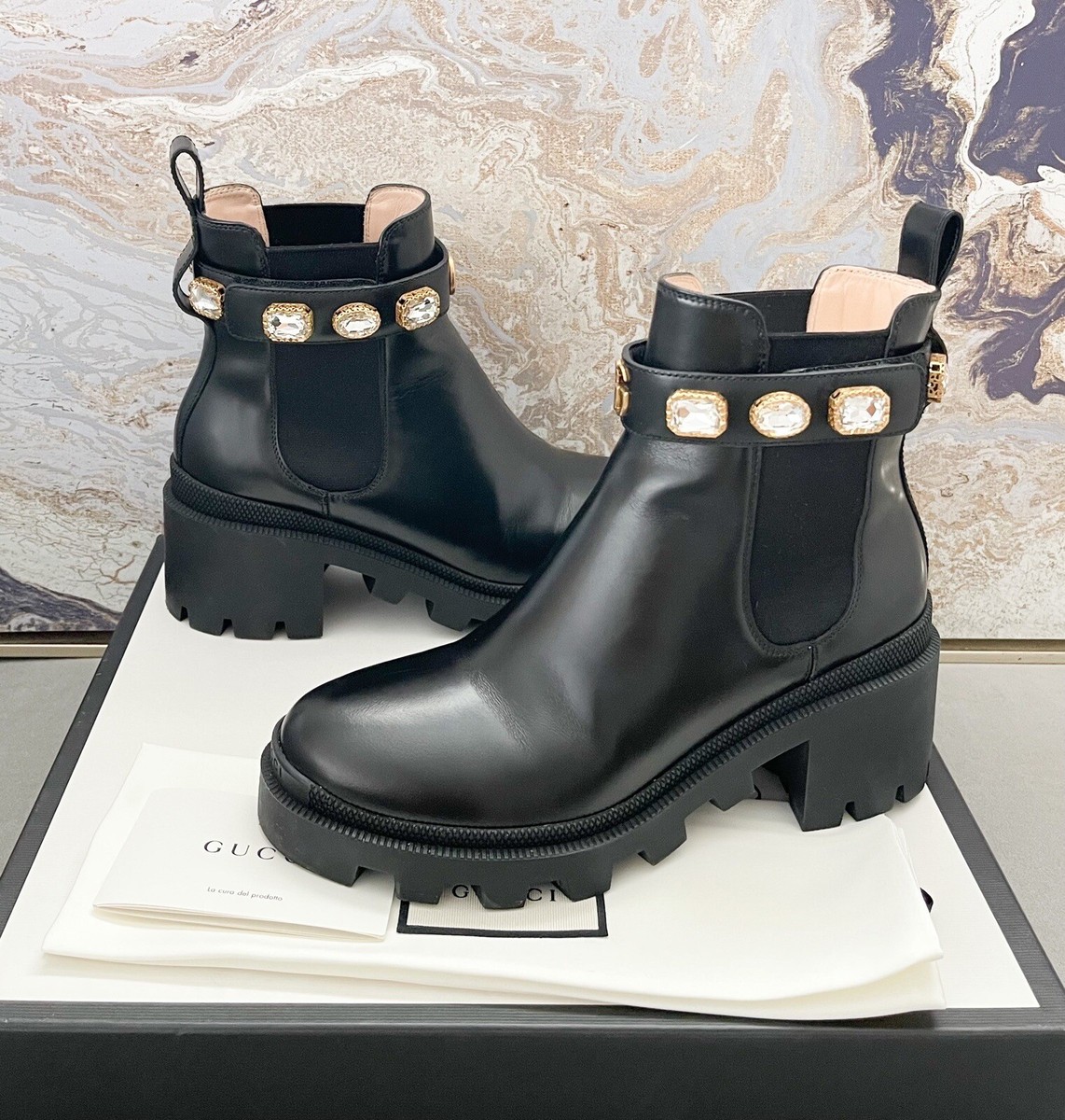 Gucci Calfskin Crystal GG Trip Chelsea Ankle Boots | eBay