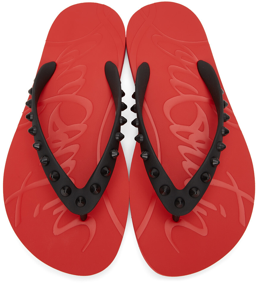 CHRISTIAN LOUBOUTIN spiked rubber flip flops, New, Auth, Black Red