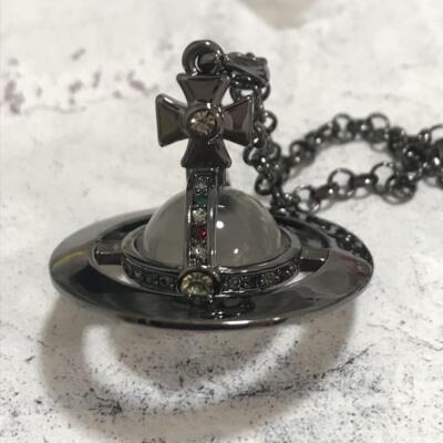 Vivienne Westwood Necklace Small Orb Clear Gunmetal Chain 80cm Top