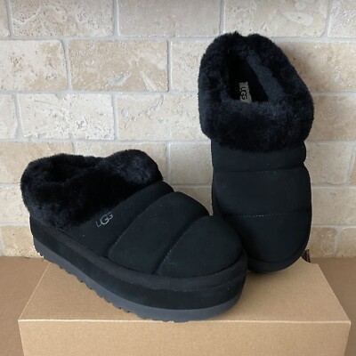 UGG TAZZLITA BLACK SUEDE SHEARLING LINED PLATFROM SLIPPERS SIZE US