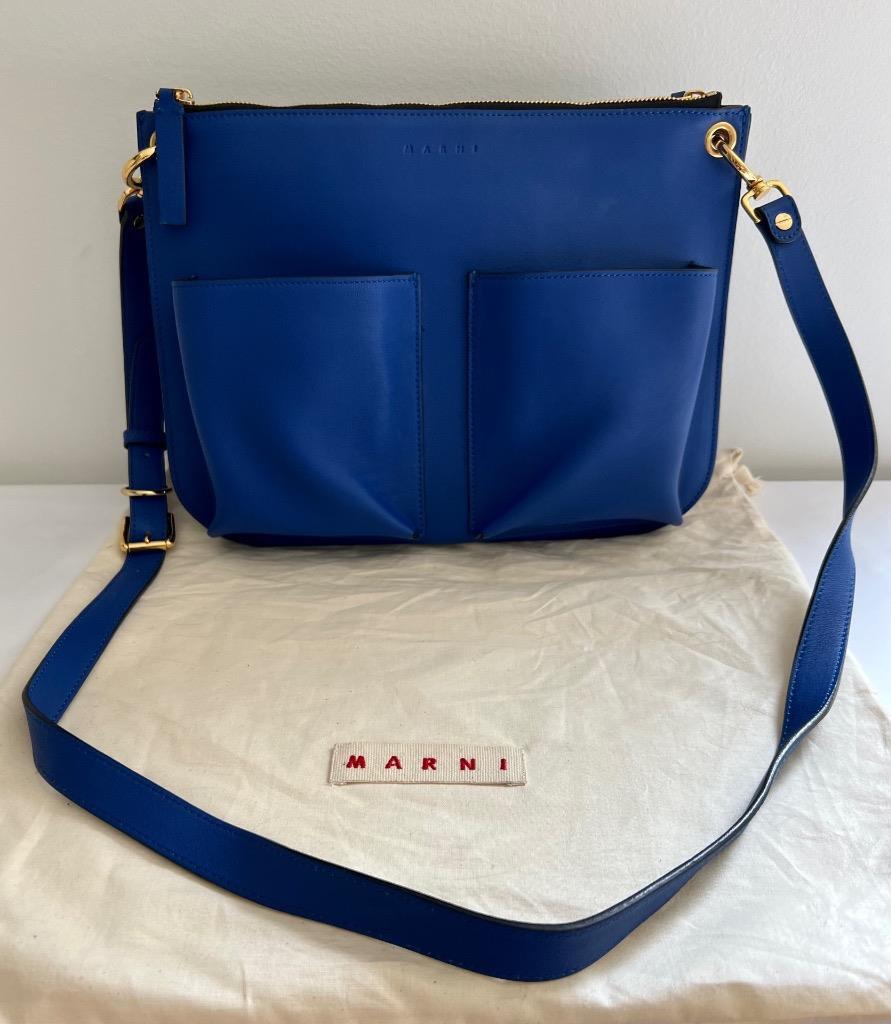 MARNI Royal Blue Leather 2 Compartment Adjust Strap Shoulder Bag