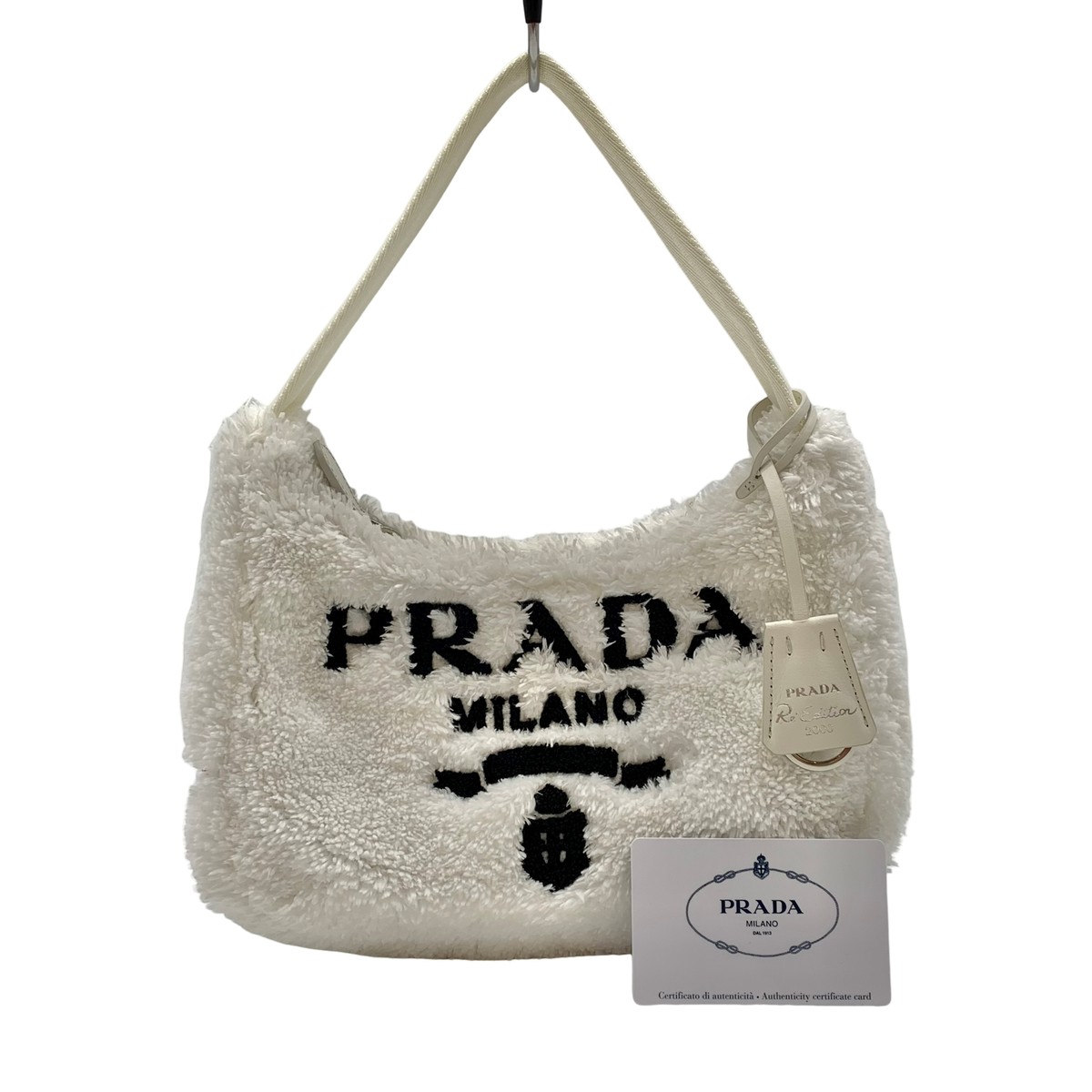 Authentic PRADA Re-Edition 2000 Spugna Hand Bag 1NE515 White Fur