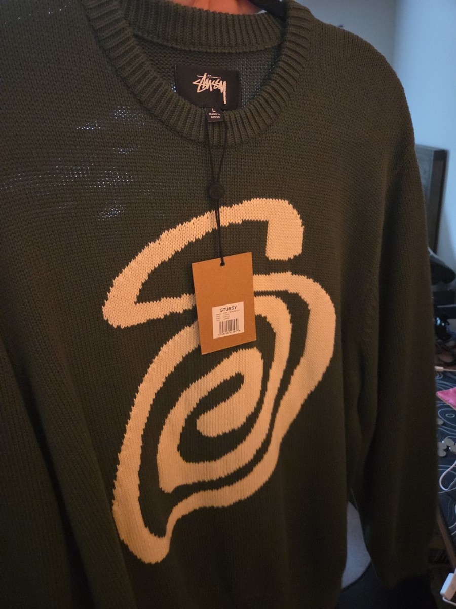 STUSSY CURLY S Logo Green Knit Sweater Size L Cotton Jacquard