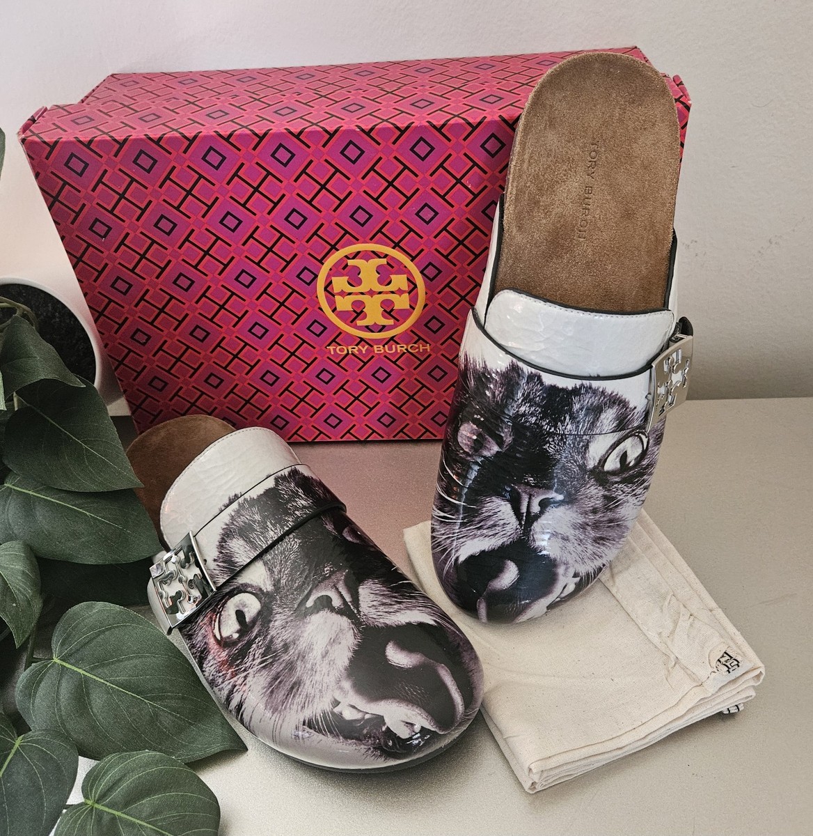 Tory Burch nib cat print limited edition slide leather mule clog