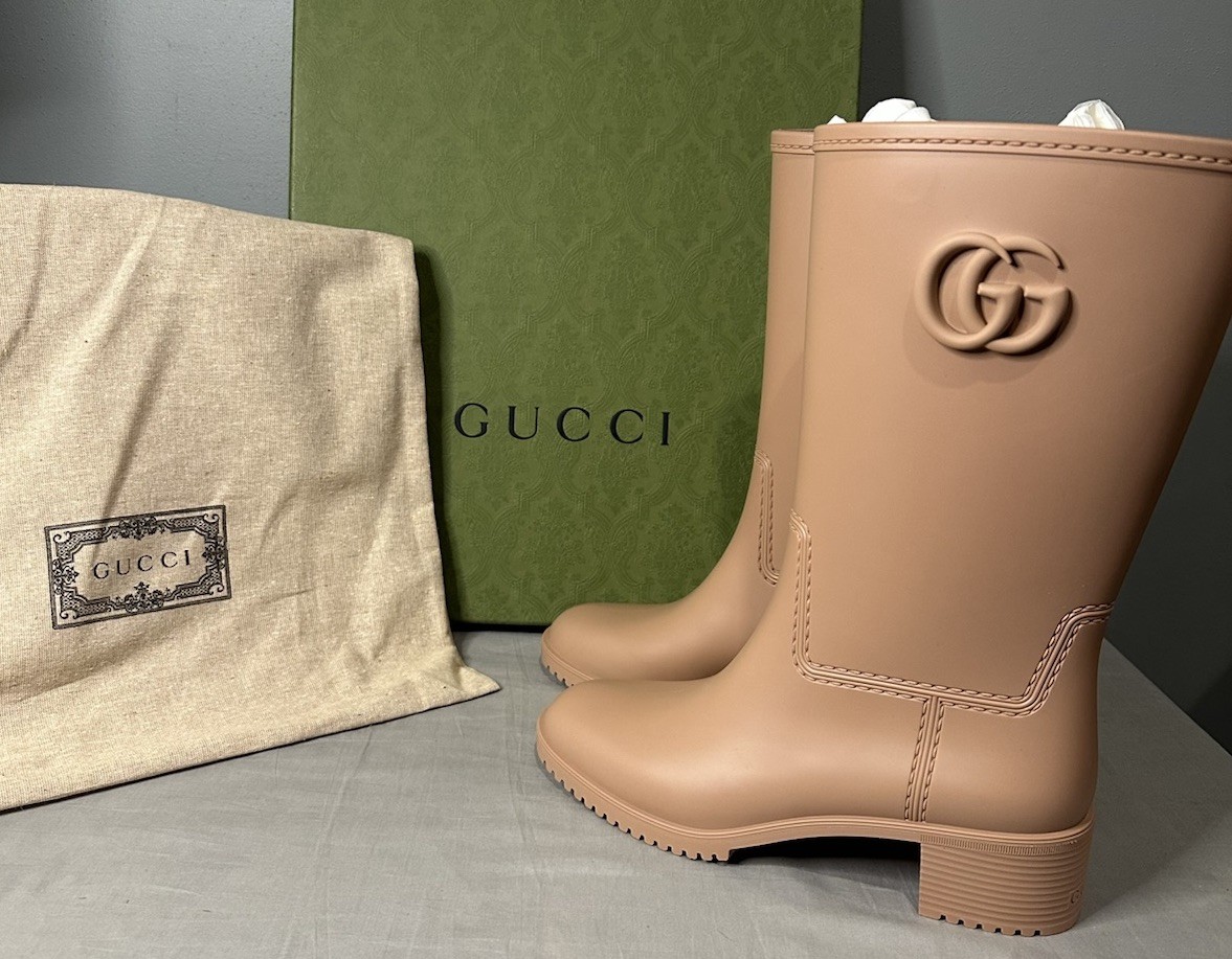 Gucci Double G Rubber Rain Boots Camel Women's Sz 41 (US 11