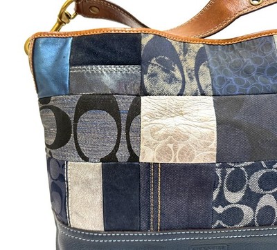 NICE Coach Vtg Y2K Denim Patchwork Whiskey Leather Trim Shoulder