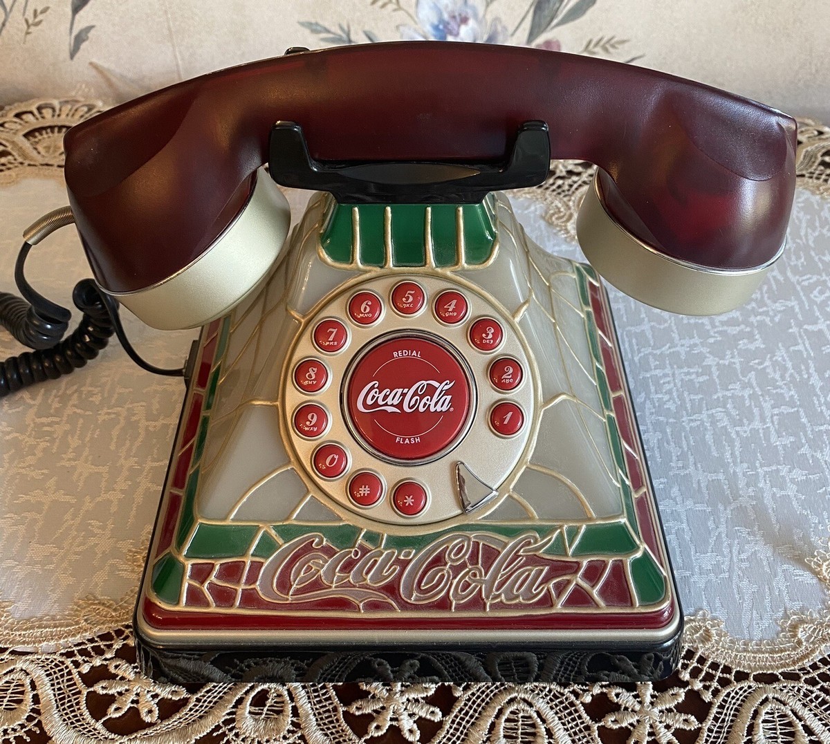 Vintage Coca-Cola Telephone Light Up Stained Glass Look 2001 Land