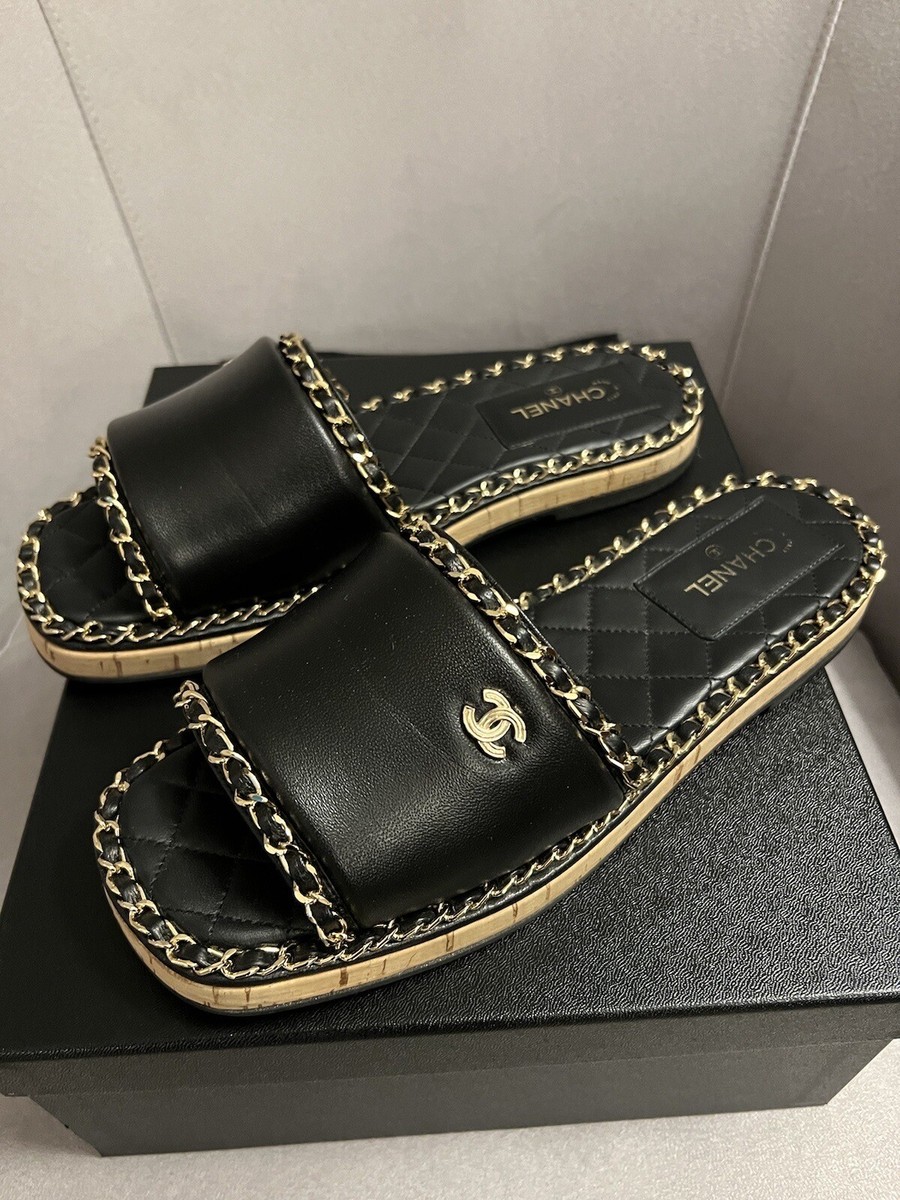CHANEL SANDALS MULES SHOES BLACK-LEATHER WITH GOLD CHAIN SIZE 39