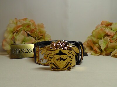 VERSACE Gold/Black Heritage Medusa Buckle Reversible Leather Belt