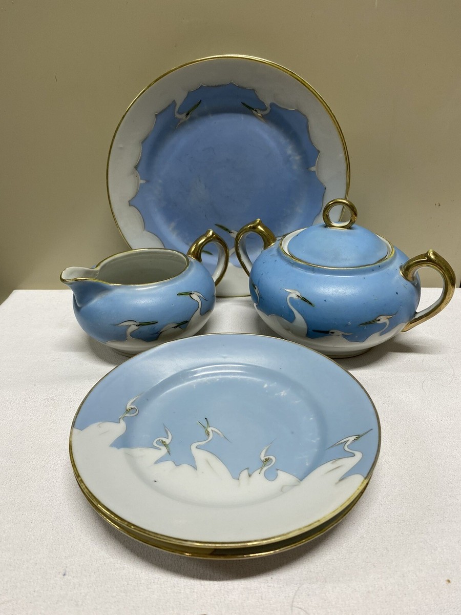 1920's Blue Nagoya Nippon SEVEN LUCKY CRANES Creamer/Sugar Bowl/4