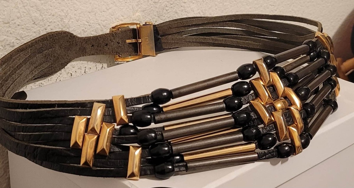 Vintage Jose Cotel Belt Leather Black /Gold Metal Wood Beads Made