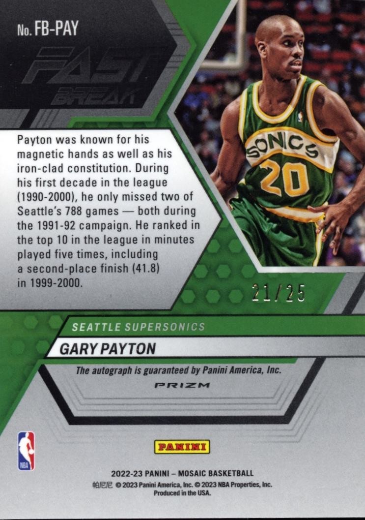 Gary Payton 2022-23 Mosaic Fastbreak Blue Auto Autograph
