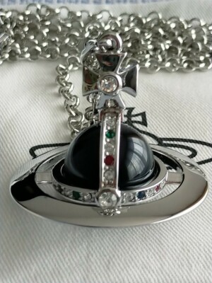 Vivienne Westwood Black Small Orb Necklace Silver Rhine stone Near