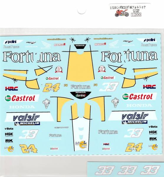 Museum Collection 1/12 Honda RC211V '06 Fortuna Decal for TAMIYA