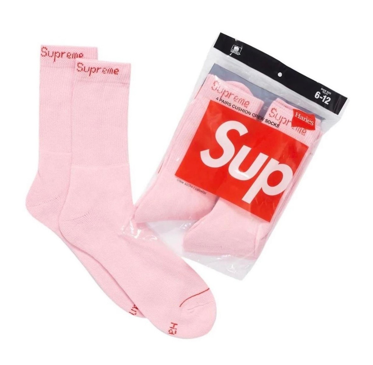 Supreme / Hanes Pink Crew Socks Authentic 4-Pack Size 6-12 Fast