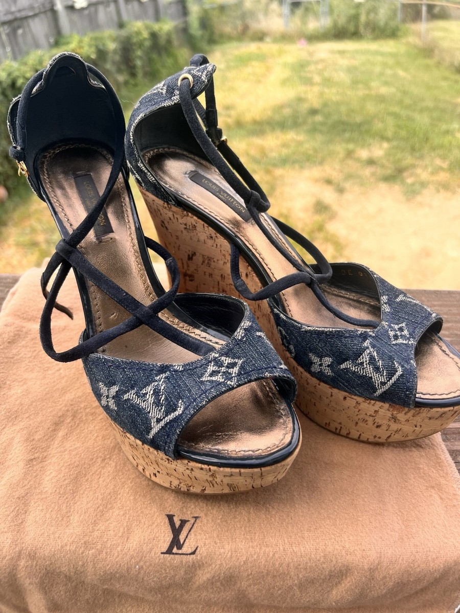 Louis Vuitton Sandals Wedge Sole Monogram Denim Navy | eBay