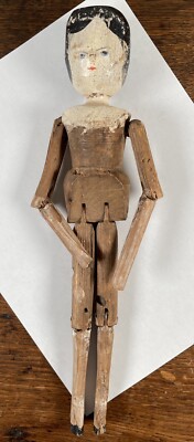 Antique Wooden Peg Articulated Girl Doll Carved Jointed Grodnertal
