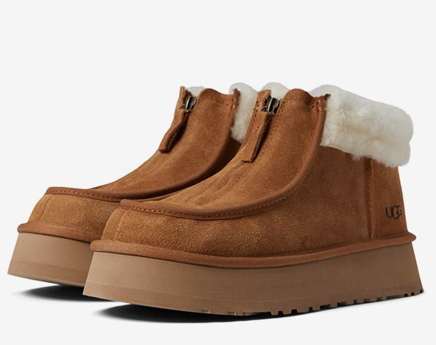 UGG Funkette Low Platform Boots Zip Ankle Booties Chestnut Brown