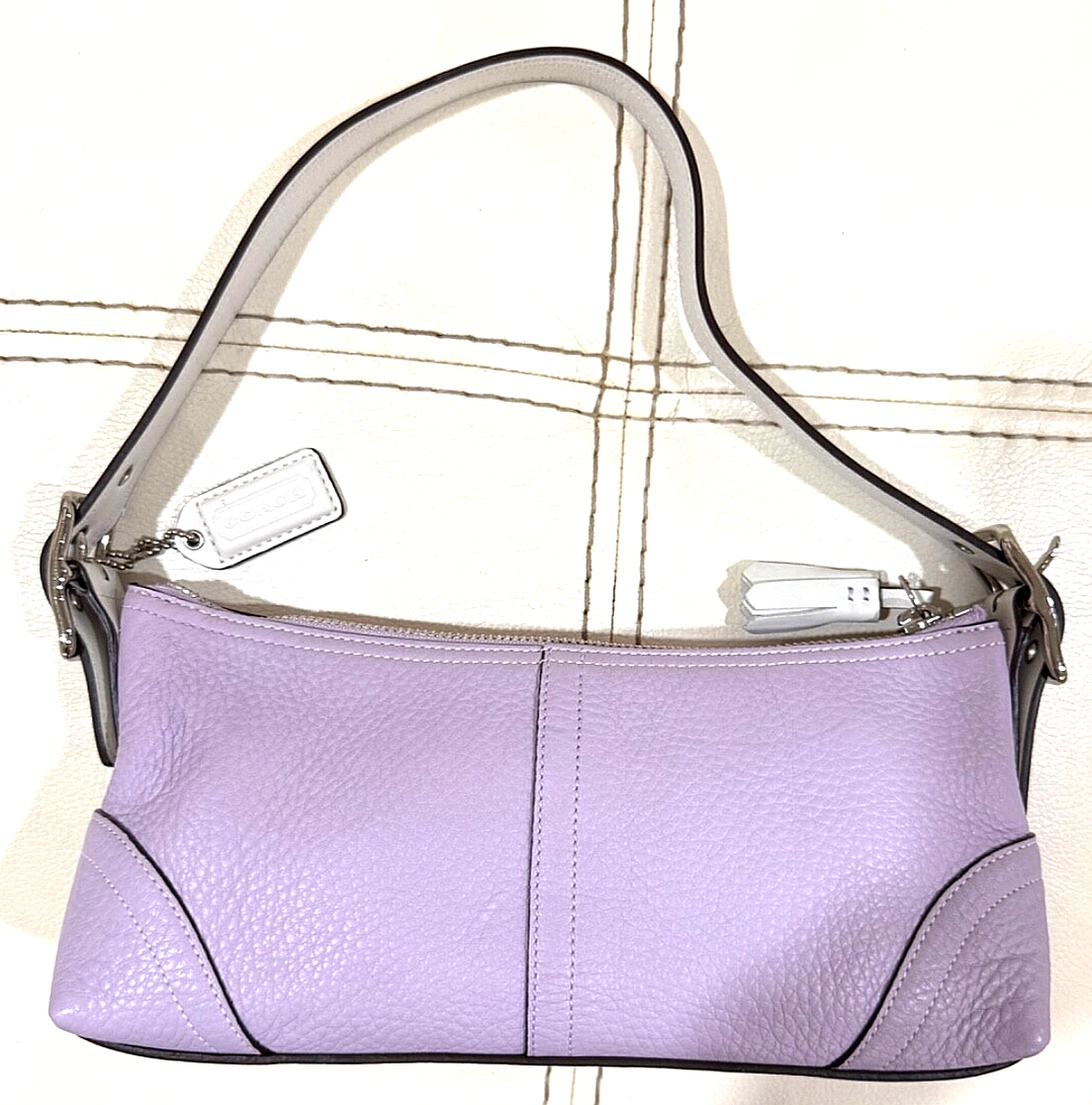 Coach Demi Baguette Bag Purple Pebble Leather White Strap F10684