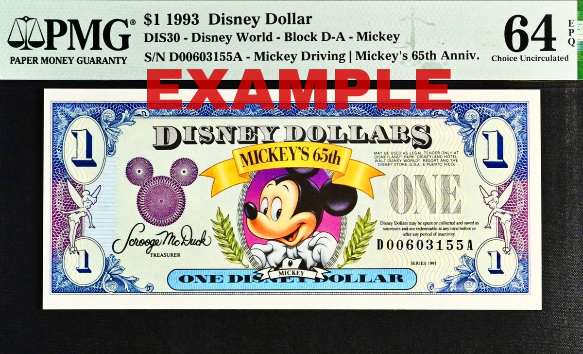 1993 $1 DISNEY DOLLAR Mickey Driving Mickey's 65th Anniv. PMG 64