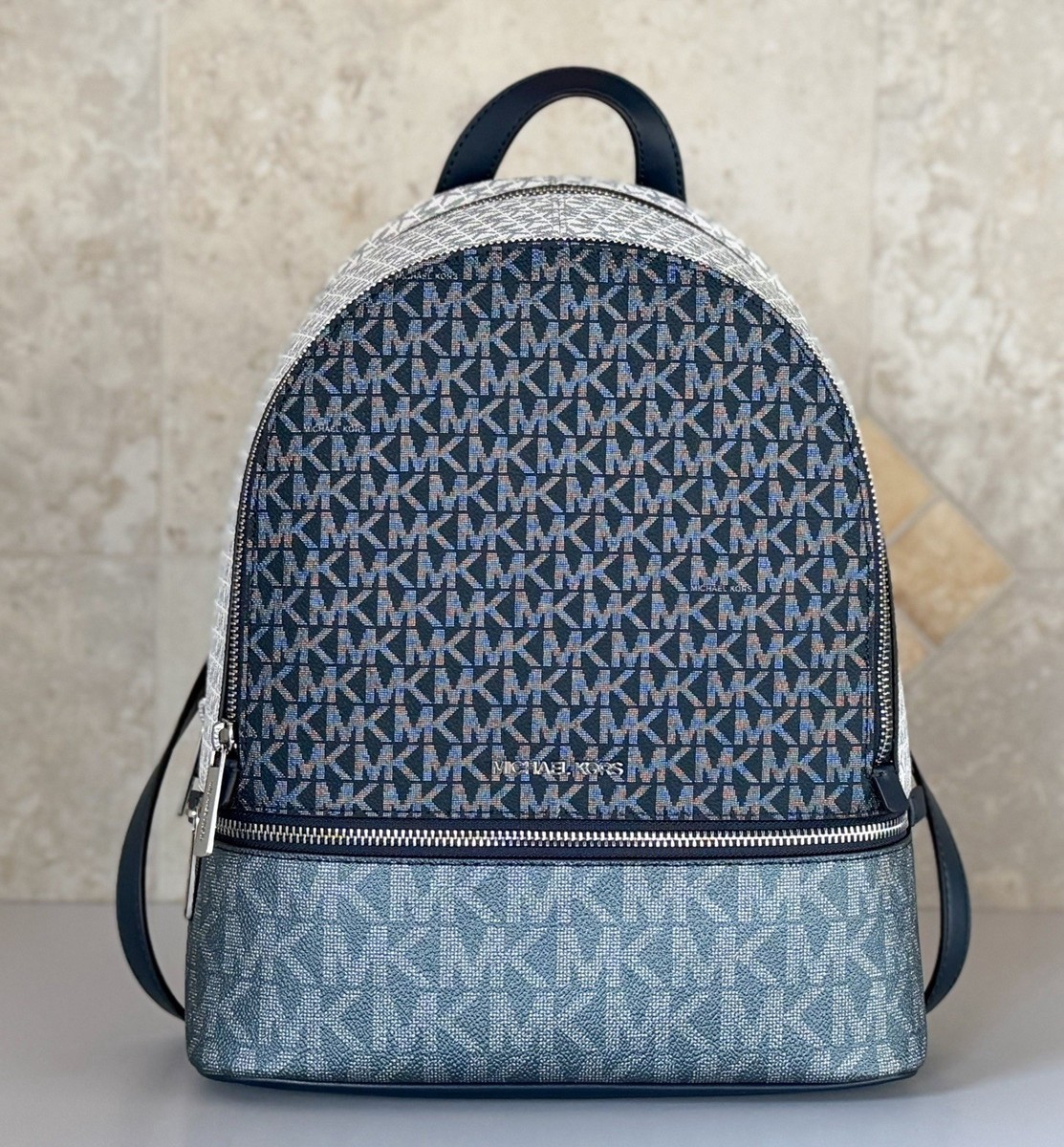 Michael Kors Rhea Medium Zip Backpack MK Glitter Color-Block Navy