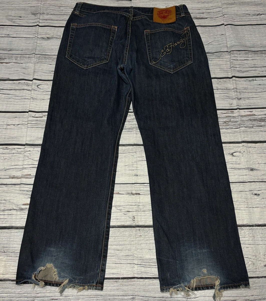 ED HARDY Lot 2009 Button Fly Distressed Blue Jeans Men's Size